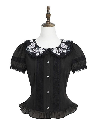 Black Peter Pan Collar Fitted Waist Floral Embroidery Blouse with Ruffle Lace - Yimu Walnut