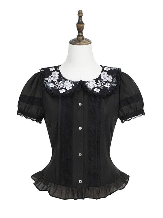 Black Peter Pan Collar Fitted Waist Floral Embroidery Blouse with Ruffle Lace - Yimu Walnut