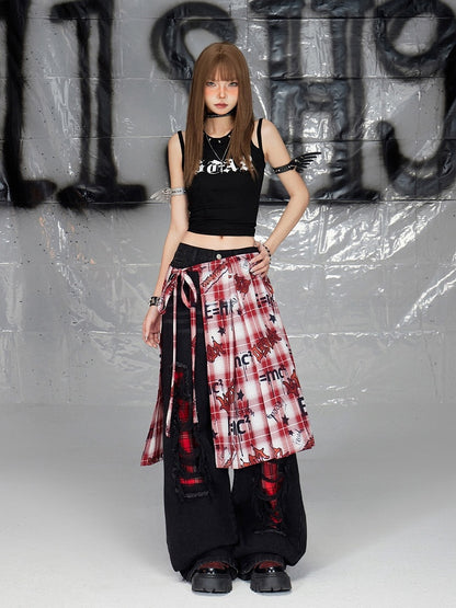 Black Distressed Holes Plaid Pattern Straight-leg Cut Jeans