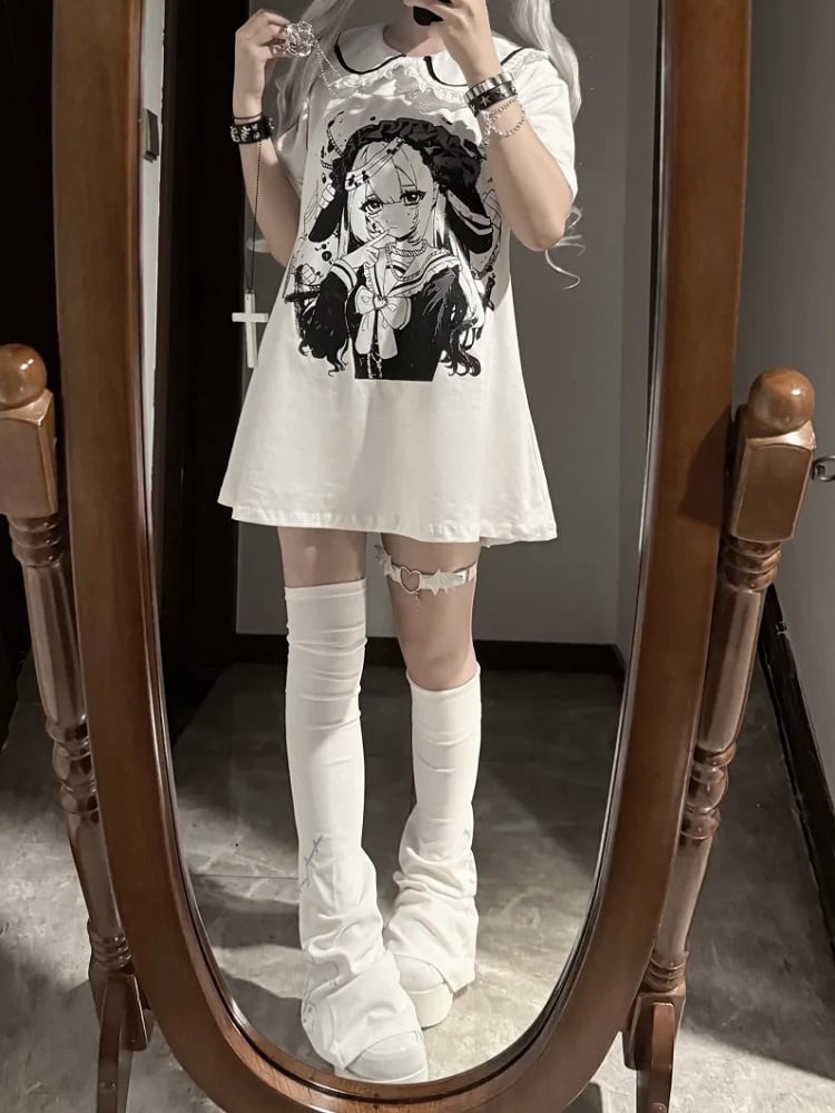 Pan Jirai Kei T-shirt White Anime Girl Print Peter Collar