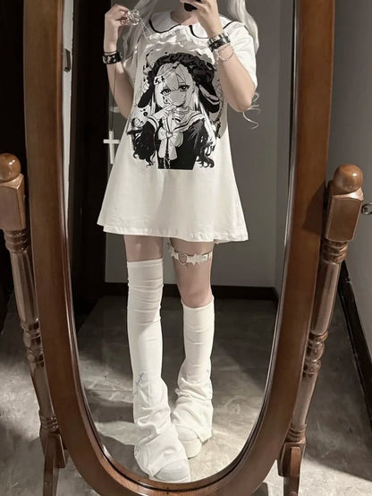 Pan Jirai Kei T-shirt White Anime Girl Print Peter Collar