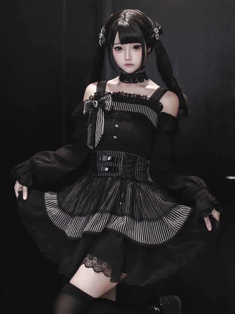 High-Waist / Kei Black Skirt Sweet Jirai Dark Striped Tiered Top Off-Shoulder