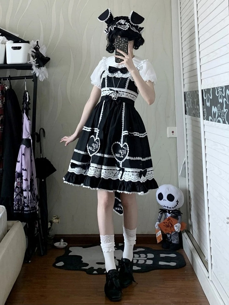 Sweetheart Rock Baumwolle Applikation Weiß und Alt Schwarz Pullover Lolita Kleid Schule