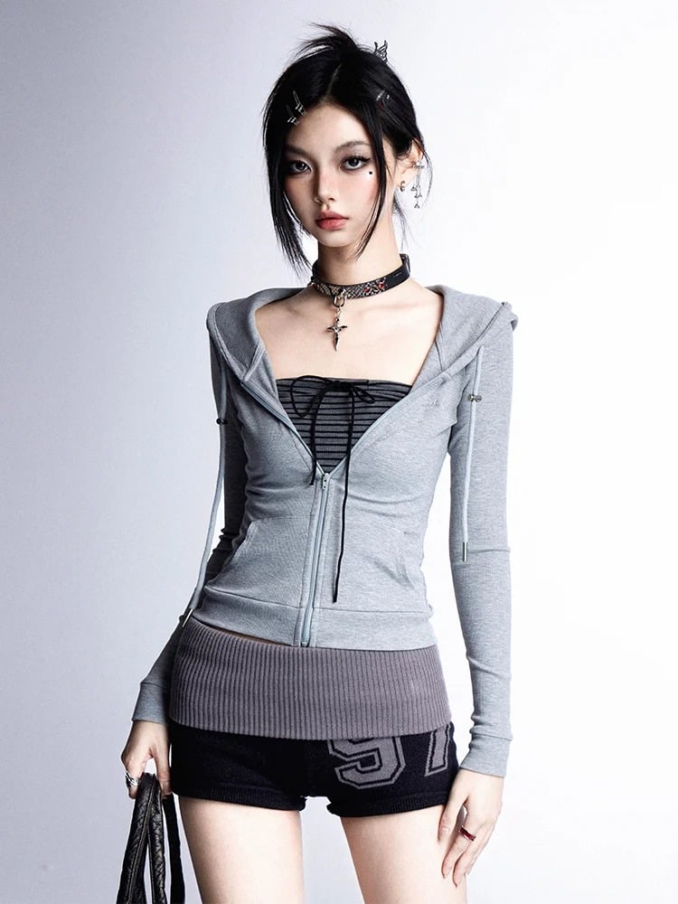 トップス スリムフィット フード付き ジップ開閉 ブラック/グレー/レッド