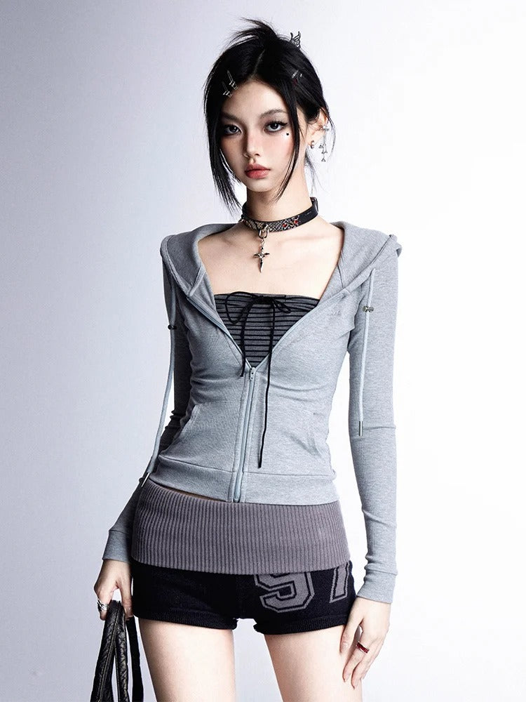 Slim-fitting Hooded Black/Gray/Red Top Zip Closure