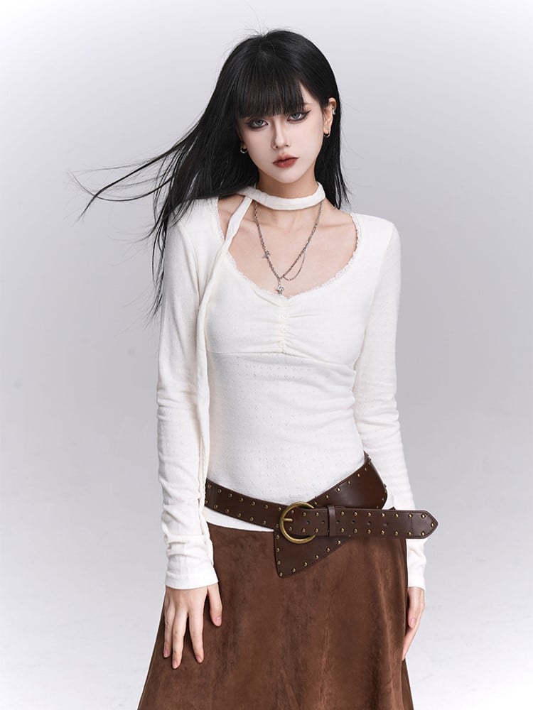 Sleeve Front Strap Ruches White U-Neck with Versatile Matching Top Long Neck