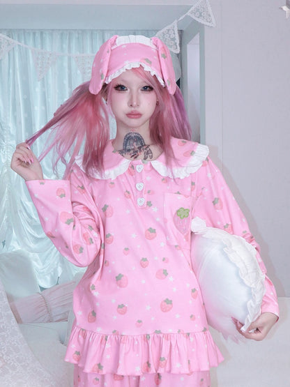 Masque à volants rose et blanc imprimé lapin fraise avec œil et oreille