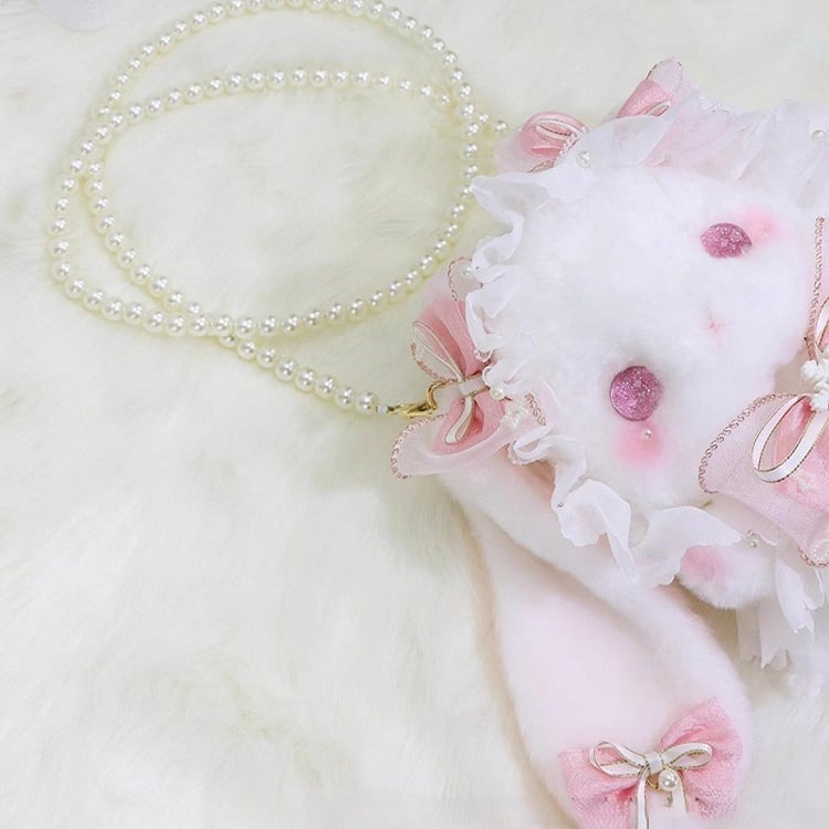 Plush with Sweet Convertible Pink Bag Decorated Accents Strap Bunny Bowknot Flower White