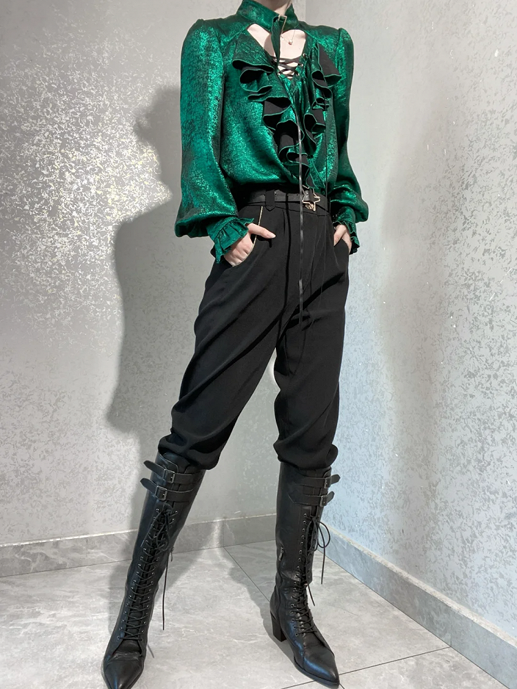 Pirate Bodice Long Cascading Shirt Ruffle Sleeves Green Ouji Lolita Vibes