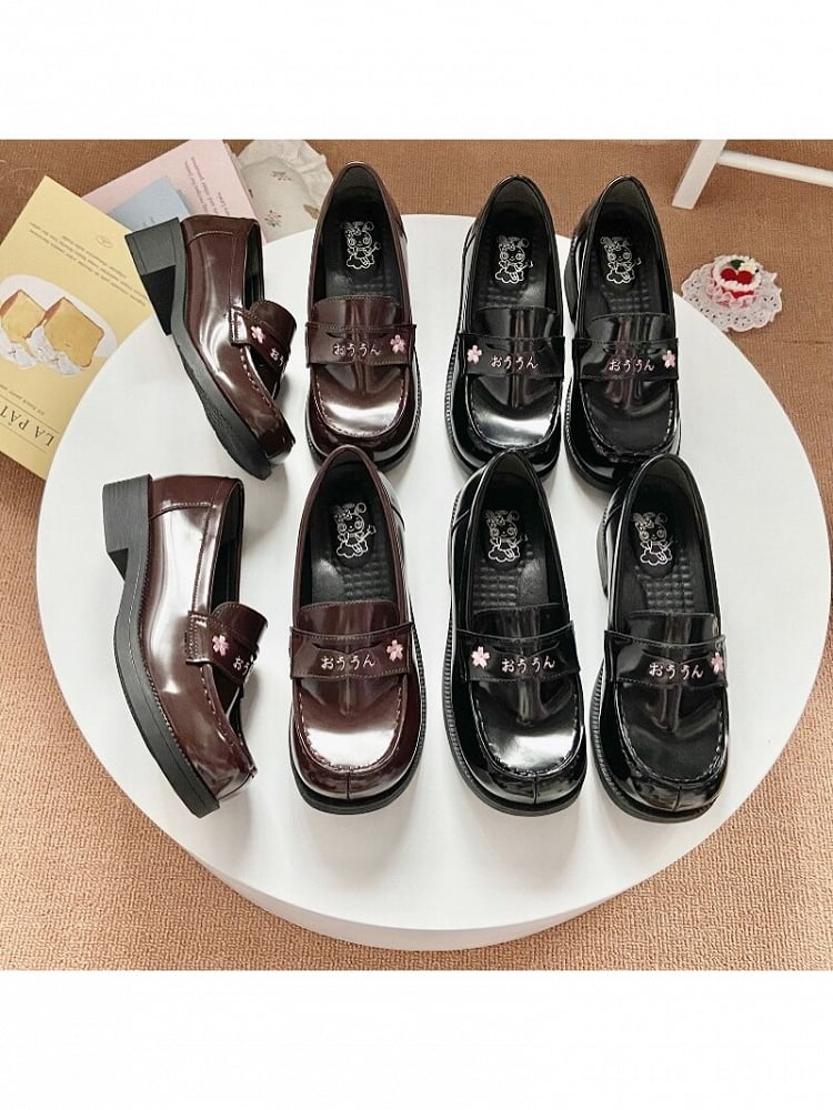 with Blossom Heel Cherry Uniform Embroidery Brown Shoes Style 3 School Options