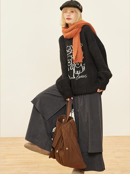 Wide-leg Cut Dark Design Pants Asymmetrical Gray