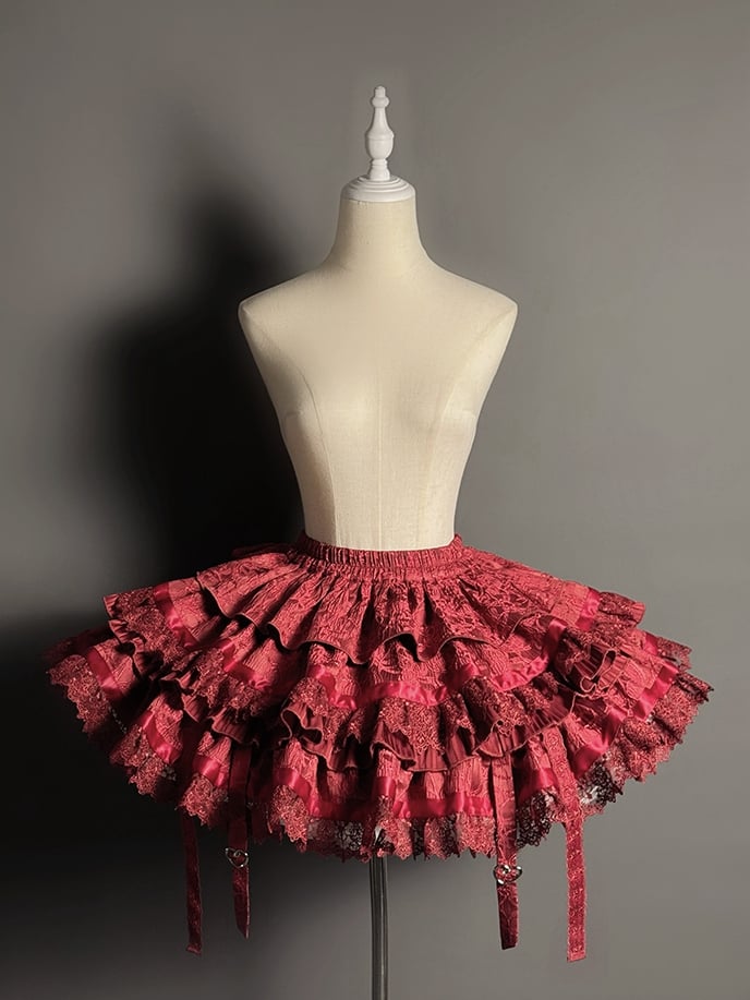 Ruffles Red Strappy Tiered Heart Gothic Skirt Buckle Lolita