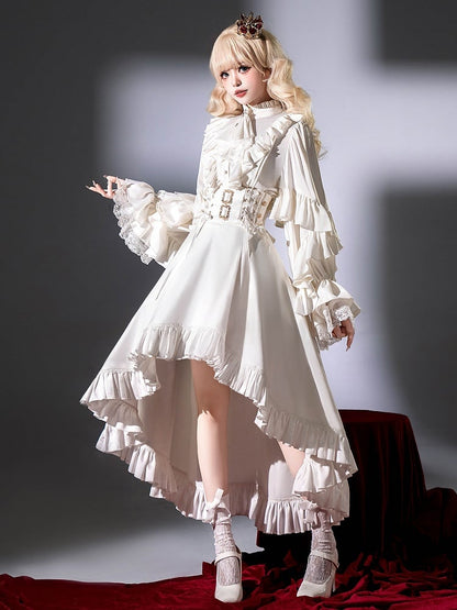 White High Waist Gothic Lolita Cascading Ruffle High-low Skirt