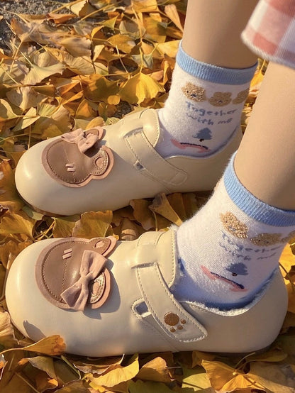 Flats Strap Bear Velcro Paw Closures Embroidery Bow Apricot - Sweet Accent Brown at Top