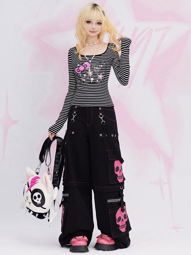 Black and White Kitty Stars Print Scoop Neckline Striped Slim-fit Top