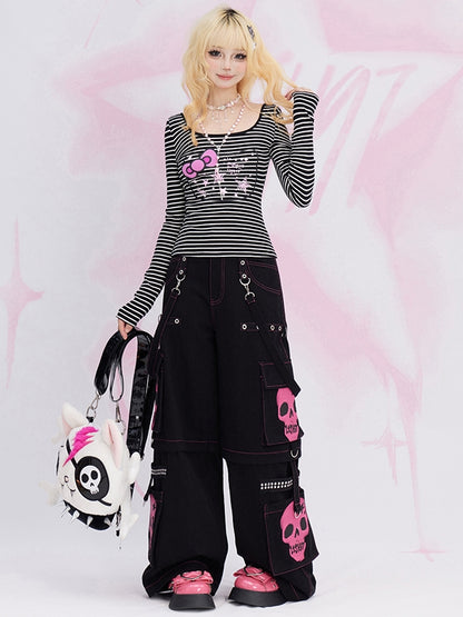 Black and White Kitty Stars Print Scoop Neckline Striped Slim-fit Top