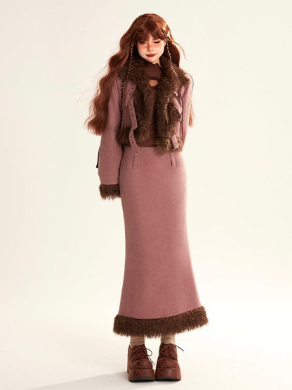 Crop Coat Set Faux with Zipped Pencil Trim Skirt Buckle Pink Straps Fur