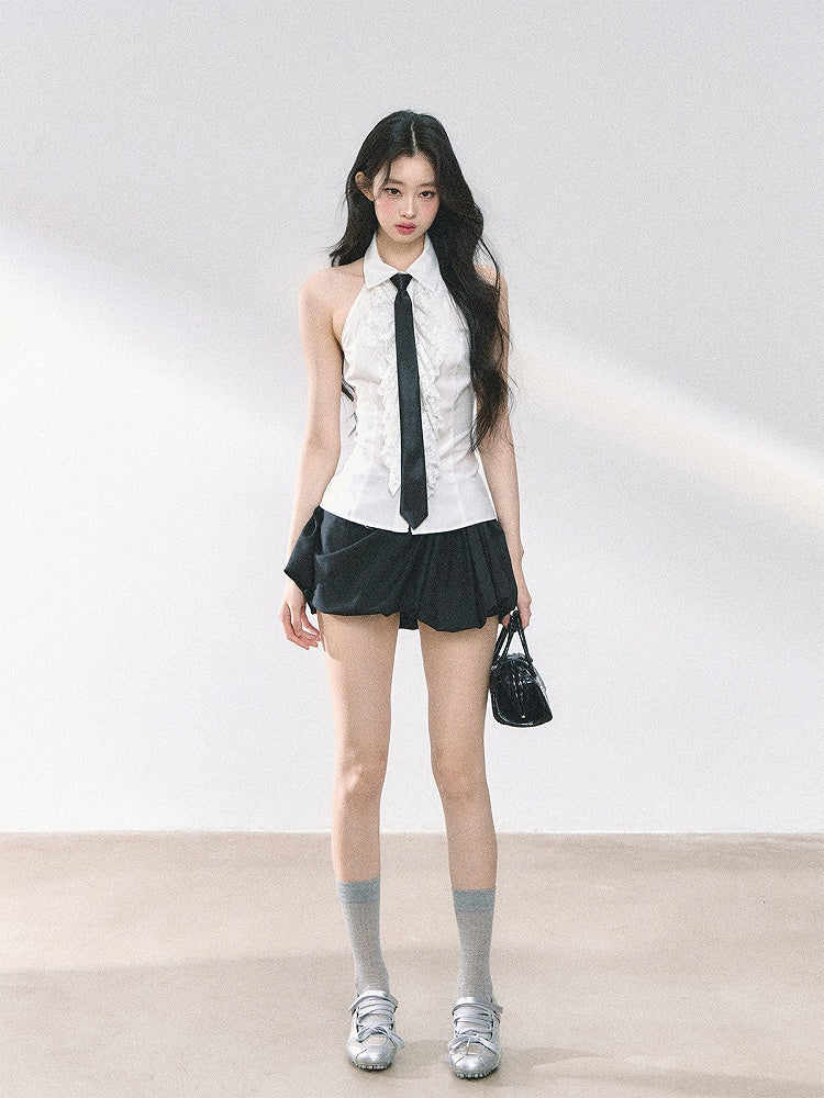 White Ruffled Lace Trim Sleeveless Shirt with Free Tie
