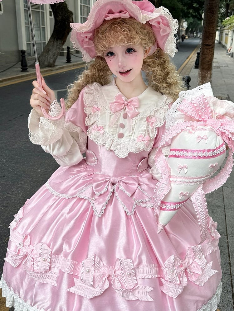 Trimmed Pink White and Bow Sweet Lace Bead Details with Dress Lolita