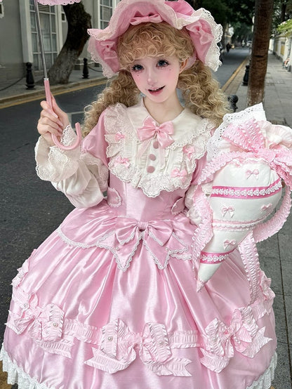 Trimmed Pink White and Bow Sweet Lace Bead Details with Dress Lolita