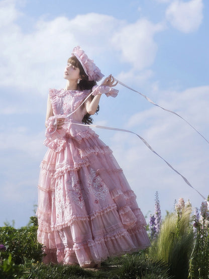 Pink Flutter Sleeves Lolita Top + Floral Embroidery Ruffled Skirt + Sheer Overlay + Hat Set - Misty Isle Letter