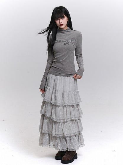 Gray/Beige/Blue Long Sleeve Fitted Top with Ruffled Lace Trim