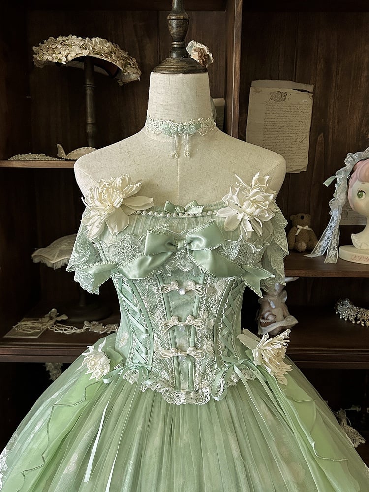 Version Long Floral + Lolita Green Top Frog Skirt with Jasmine-Embellished Buttons Corset Print