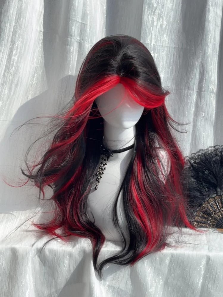 Wig Highlight with Curtain Wavy Long Black Bangs Red 65CM