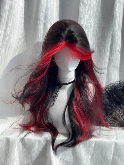Wig Highlight with Curtain Wavy Long Black Bangs Red 65CM