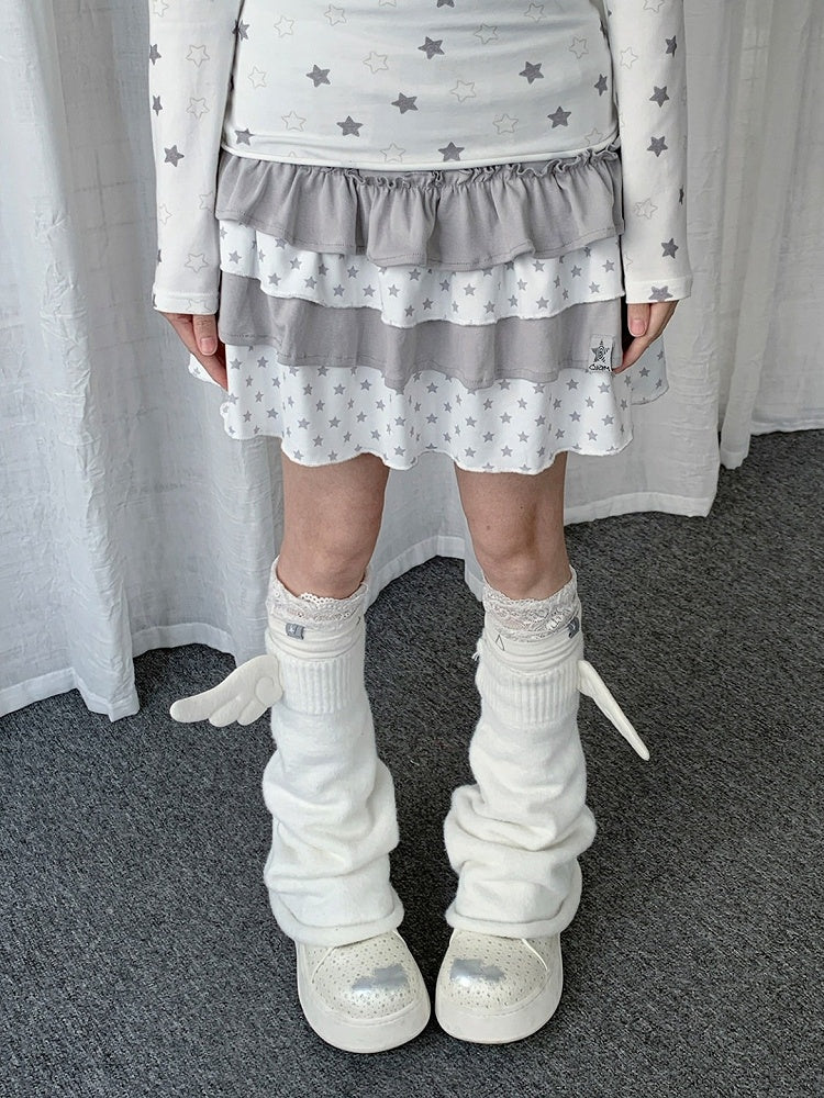 Light Gray Layered Ruffle Skirt with Star Pattern - Solkatt
