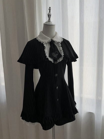 Embroidered Detachable Sleeves Black Bell with Ensemble Tie - Mini Dress Cape Shorts Kei Striped Jirai