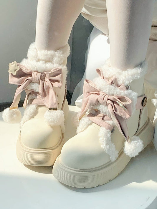 Furry Sole - 5.5cm with Star Winter Decor Boots Bow for Pink Accents Apricot Ankle Interior Lolita Sweet