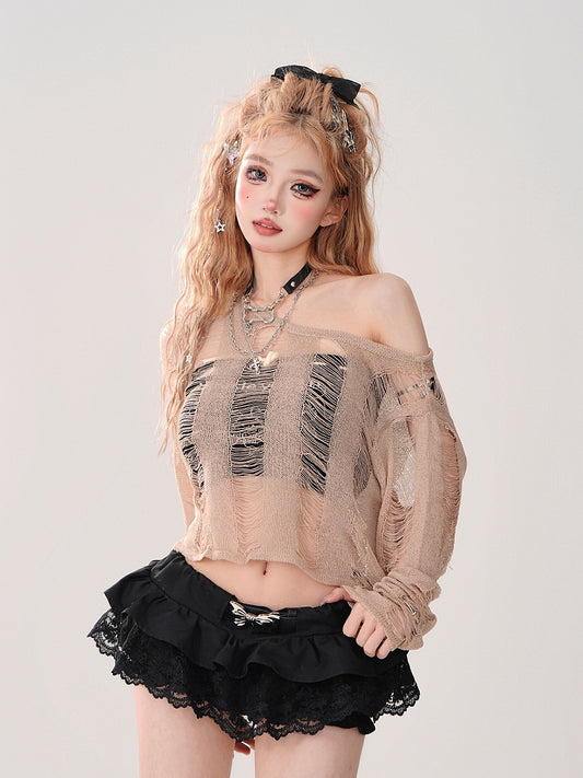 Artful Neckline Top: Cropped Design Brown Distressed Asymmetrical with Knit