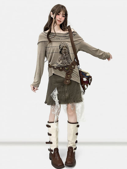 アクセントストライプレースフリルファッションコントラストカスケーディングミラードアーミーグリーンパッチパターンスカート