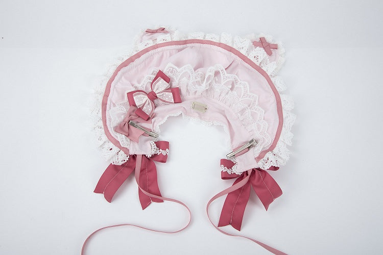 Pastel Bunny-Ear Heart-Charm Ruffled with Bonnet Lace Pink Bows