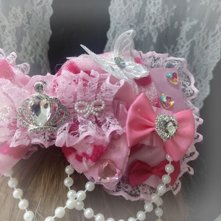 Leoparden-Design, Charm-Muster, Spitze, Schleife, rosa Perlen, Haarspange, Blumen-Strass verziert