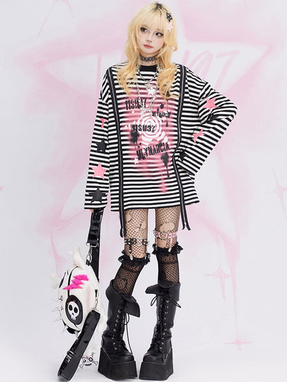 Black and White Y2K Star Graffiti  Zip Striped Loose Sweatshirt