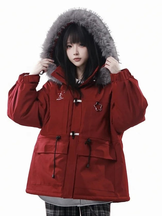 Winter Unisex Trim Red Parka Hood with Plush