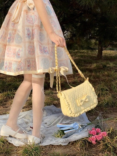 Yellow Lolita Bag with Diamond Pattern and Bow Accents - Seraphim