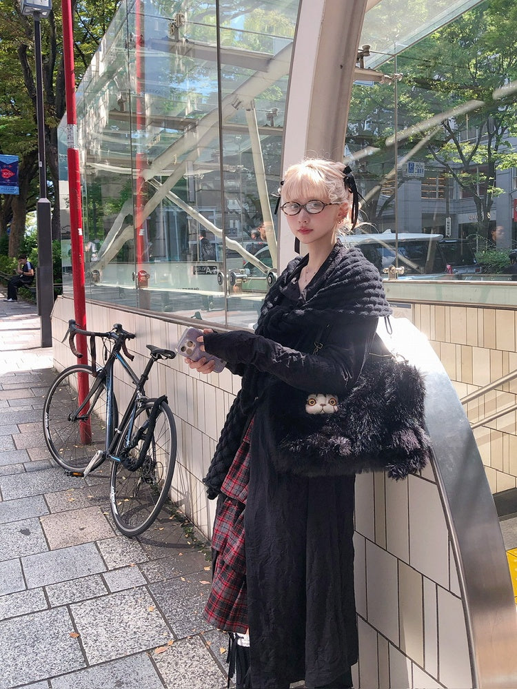 Front Placket Shawl Black Top with Scarf Asymmetrical Button Textured