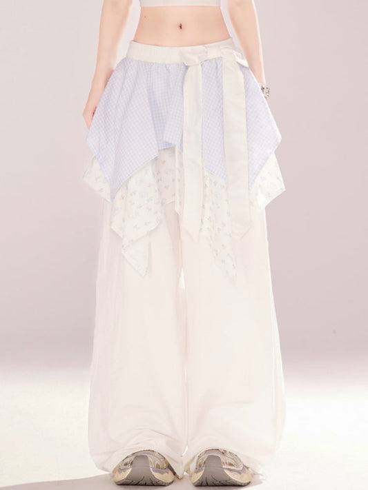 Two-pieces Waist Handkerchief Hem Wide-leg Pants White Low Faux