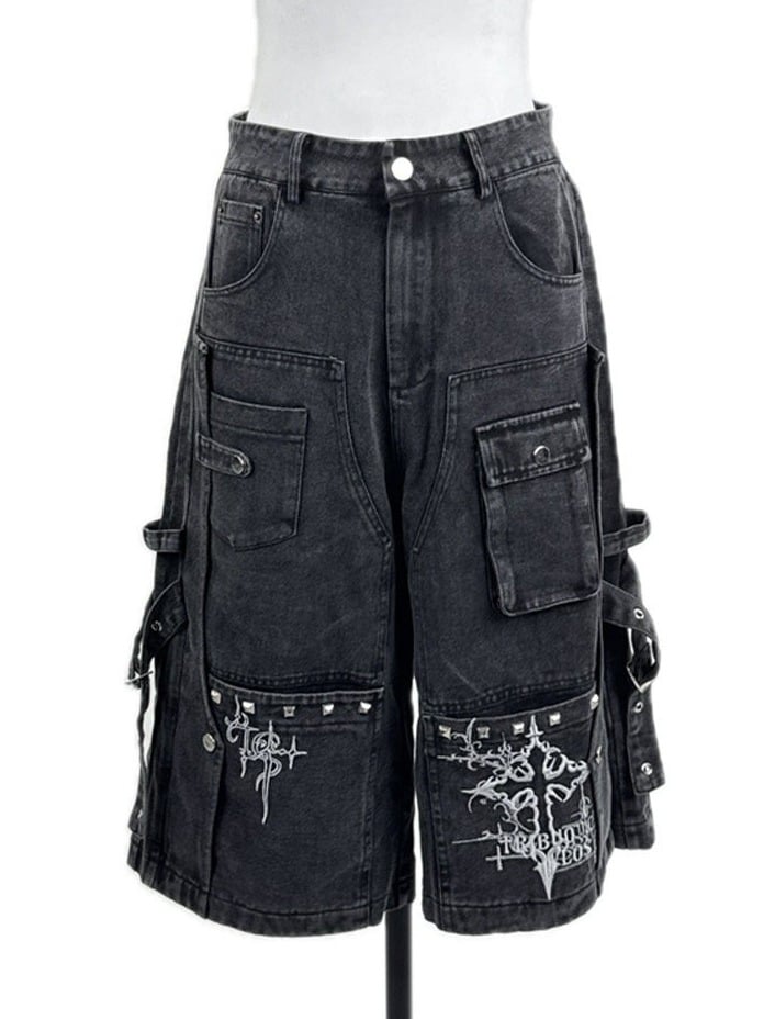 Dark Style Washed Gray Cargo Cropped Denim Pants with Embroidery Detail - Tribuo Flos