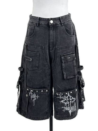 Dark Style Washed Gray Cargo Cropped Denim Pants with Embroidery Detail - Tribuo Flos