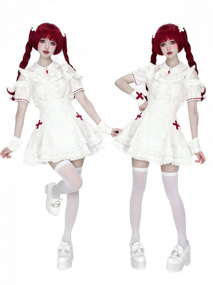 White Lace Blouse & Skirt Set with Straps & Bow - Shi Zhai Xin