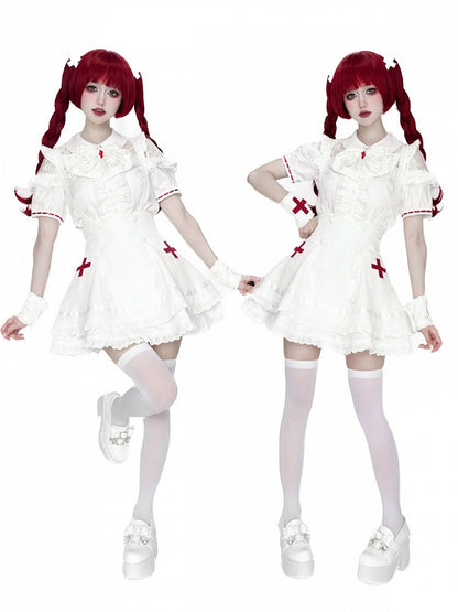 White Lace Blouse & Skirt Set with Straps & Bow - Shi Zhai Xin