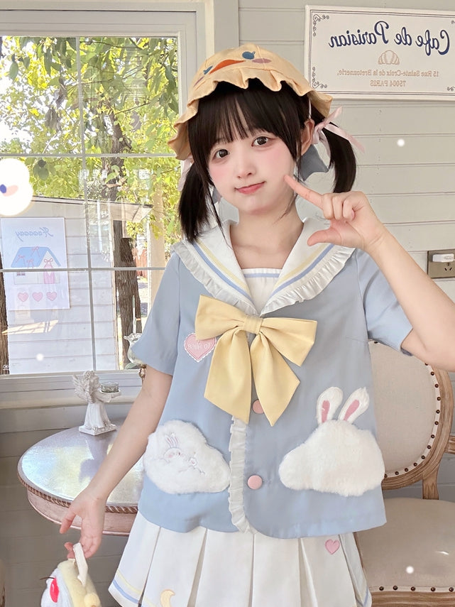 Sailor Bunny Collar Design Light Blue Cloud T-shirt Pockets and