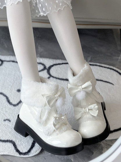 Decor Lolita Lining Boots - Sweet Snow Bow White Fleece