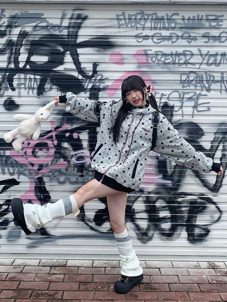 Grey Y2K Hoodie Jacket with Star-print