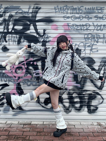 Grey Y2K Hoodie Jacket with Star-print