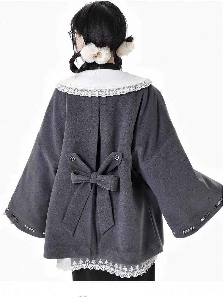 Dark Grey Bow Accents Open Placket Woolen Coat